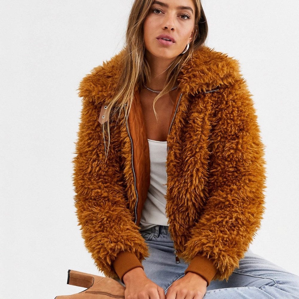 Faux Shearling Bomber Jacket - Caramel